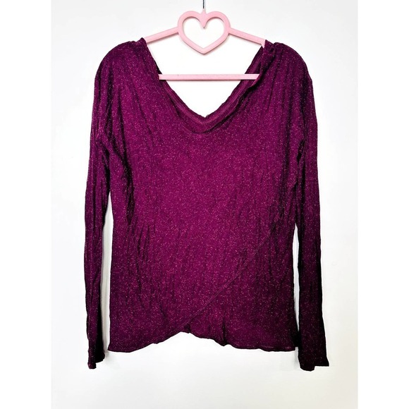 Chaser NWT Double V-Neck Long Sleeve Tulip Hem Textured Pullover Top Sangria - Picture 1 of 5